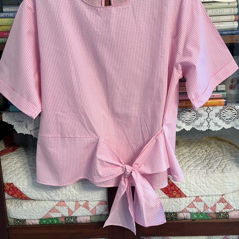 Banana Republic Pink & White Gingham Top with Tie at Waist Sz S